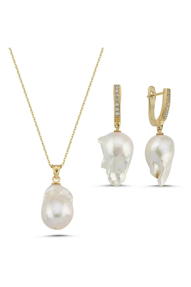 14 Ayar Altın 12 mm Barok Doğal İnci Küpe Kolye İkili Set