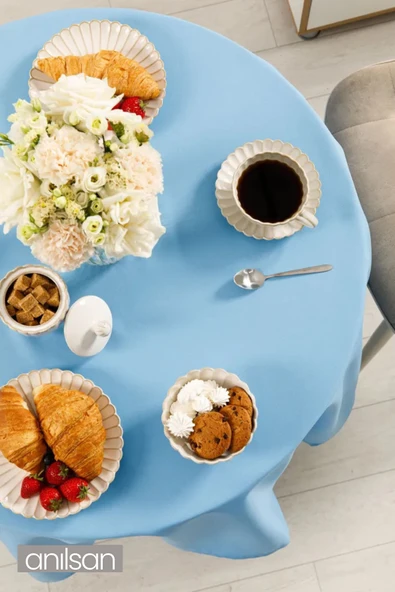 Açık Mavi Leke Tutmaz Yuvarlak Masa Örtüsü – Dayanıklı ve Kolay Temizlenebilir Masa Örtüsü - 4