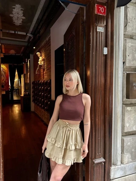 BEL LASTİKLİ KAT FIRFIR DETAYLI KISA ETEK - Bej - 3