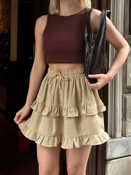 BEL LASTİKLİ KAT FIRFIR DETAYLI KISA ETEK - Bej - 2