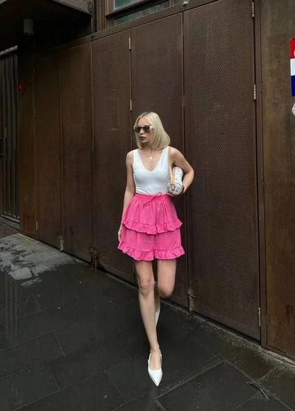 BEL LASTİKLİ KAT FIRFIR DETAYLI KISA ETEK - Pembe