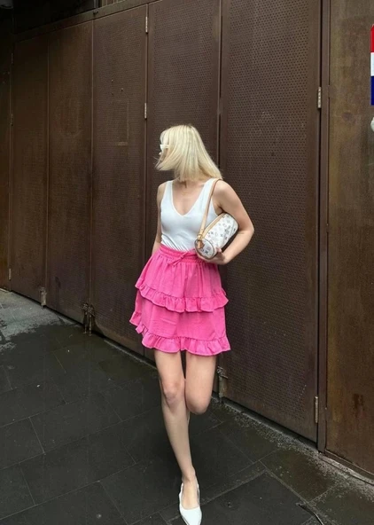 BEL LASTİKLİ KAT FIRFIR DETAYLI KISA ETEK - Pembe - 2