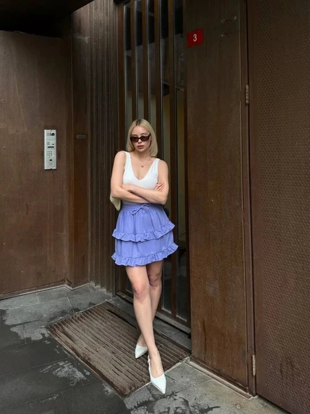 BEL LASTİKLİ KAT FIRFIR DETAYLI KISA ETEK - Lila - 4