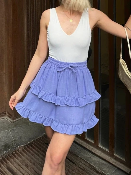 BEL LASTİKLİ KAT FIRFIR DETAYLI KISA ETEK - Lila - 2