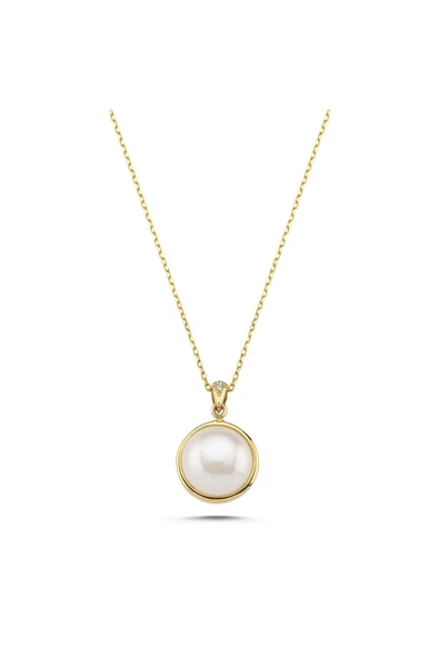 14 Ayar Altın 12 mm Zirkon Taşlı Doğal İncili Kolye