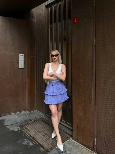 BEL LASTİKLİ KAT FIRFIR DETAYLI KISA ETEK - Mavi - 3