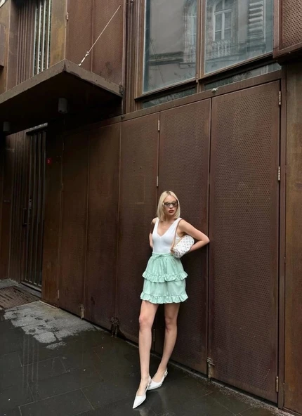 BEL LASTİKLİ KAT FIRFIR DETAYLI KISA ETEK - Yeşil - 2