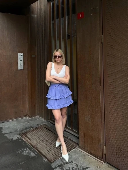 BEL LASTİKLİ KAT FIRFIR DETAYLI KISA ETEK - Mavi - 2