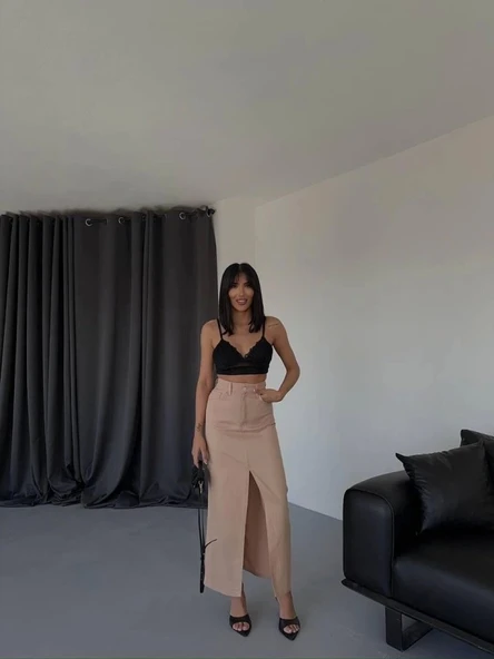 GABARDİN UZUN ÖNDEN YIRTMAÇLI ETEK - Kahverengi - 3