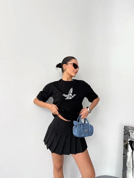 Kısa Kol Baskılı T-shirt - Siyah - 2