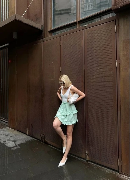 BEL LASTİKLİ KAT FIRFIR DETAYLI KISA ETEK - Yeşil - 3