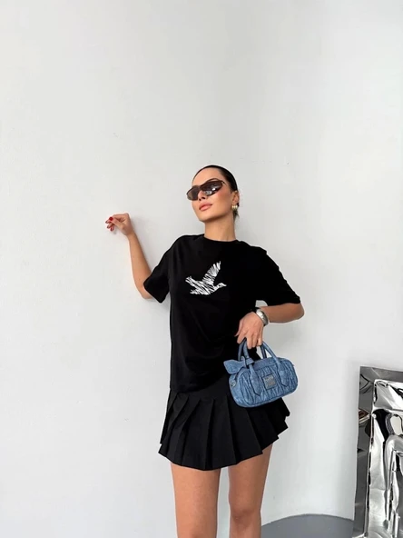 Kısa Kol Baskılı T-shirt - Siyah