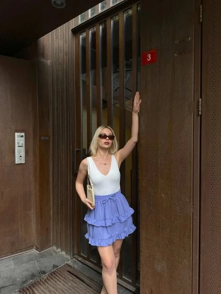 BEL LASTİKLİ KAT FIRFIR DETAYLI KISA ETEK - Lila - 3