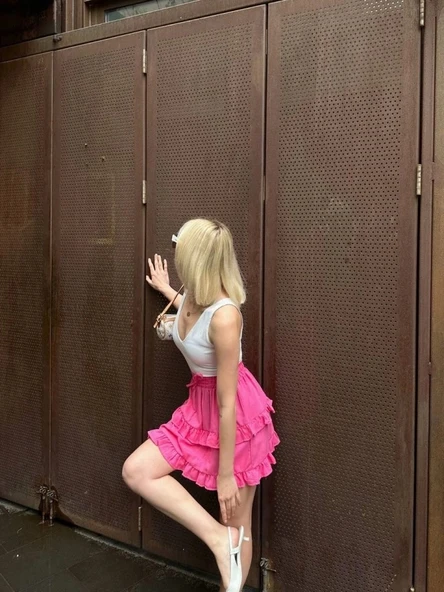 BEL LASTİKLİ KAT FIRFIR DETAYLI KISA ETEK - Pembe - 3