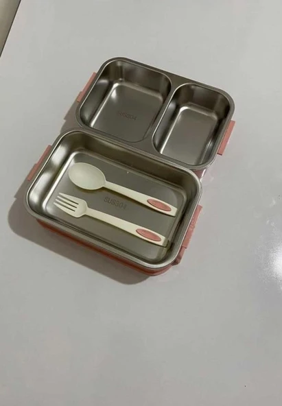 Food 2 Katlı 3 Bölmeli Çatal Kaşıklı Paslanmaz Çelik Yemek Taşıma Kabı 1.65L - 2