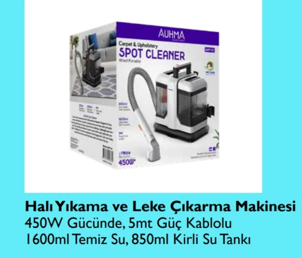 ASPT 01 Halı yıkama ve leke çıkarma makinası 450 W gücünde 5 MT güç kablosu 1600 ml temiz su, 850 ml Kirli su tankı