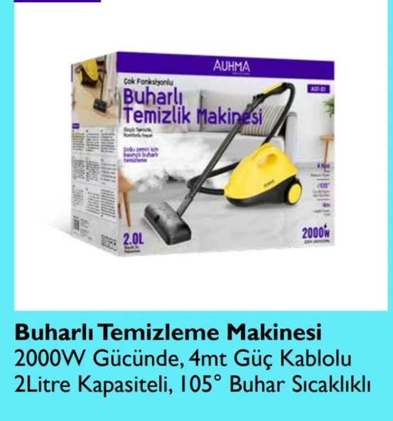 AST 01 Buharlı temizleme makinası 2000 W gücünde 4 MT güç kablosu 2 lt kapasiteli, 105' derece buhar sıcaklık
