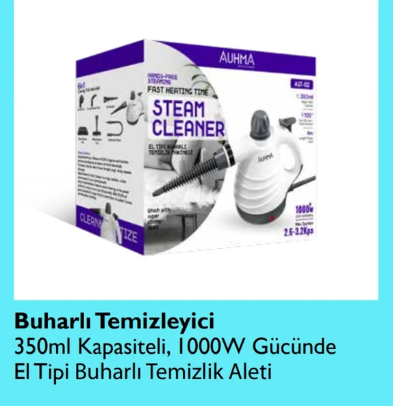 AST 02 Buharlı temizleme makinası 350 W gücünde  el tıpı buharlı temizleyici