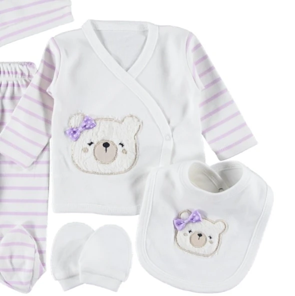 Unisex Çizgili Ayıcık 5'li Bebek Hastane Çıkışı Zıbın Seti Yenidoğan - 3