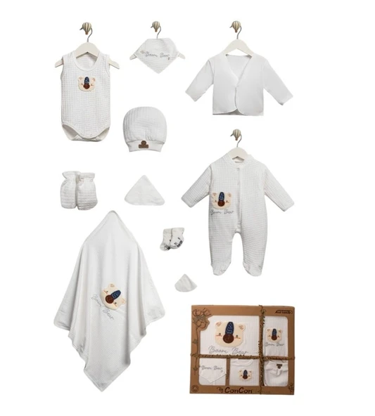 Organik Pamuk Yenidoğan 10 Parça Zıbın Set  Lu Organik Waffle Bear Lüx Set Uni