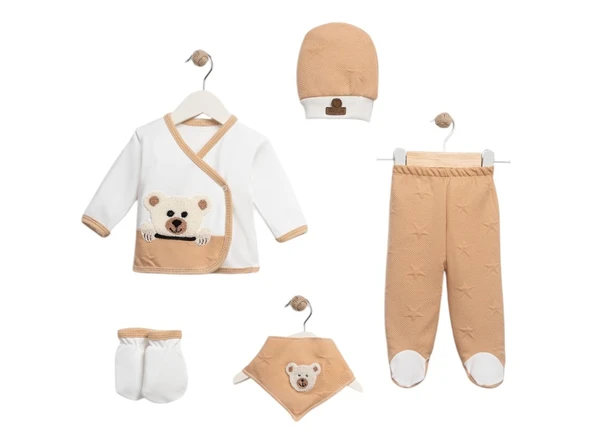 Unisex Organik Kumaş Panda Desenli 5'li Bebek Seti Hediyelik Zıbın Seti
