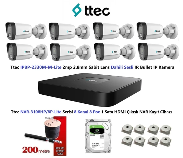Ttec 2mp Mikrofonlu 8 Kameralı 500GB Disk Tak Çalıştır Hazır IP Kamera Seti