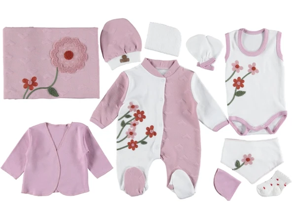 YENİDOĞAN KIZ BEBEK 10 PARÇA LU ORGANİK PAMUK  KALPLİ ÇİÇEKLİ LÜX SET