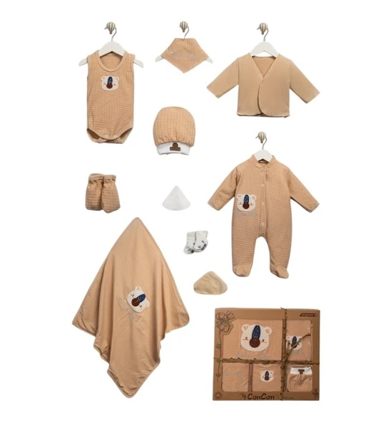 Organik Pamuk Yenidoğan 10 Parça Zıbın Set  Lu Organik Waffle Bear Lüx Set Uni - 8
