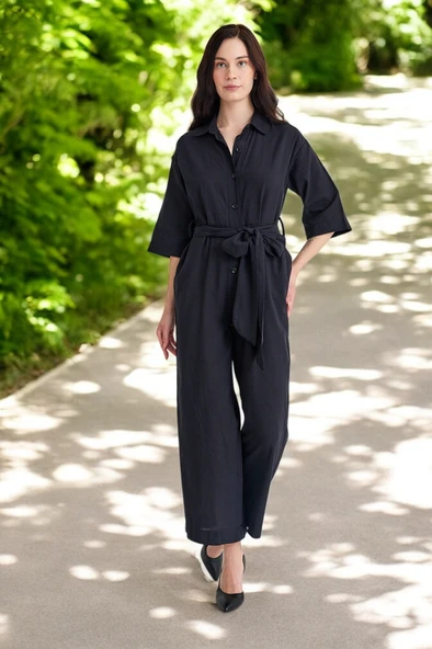 Yazlık Gömlek Yaka Keten Tulum - 6