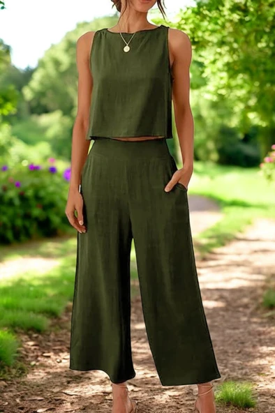 Yazlık Sırt Detaylı Keten Takım - Resim 3