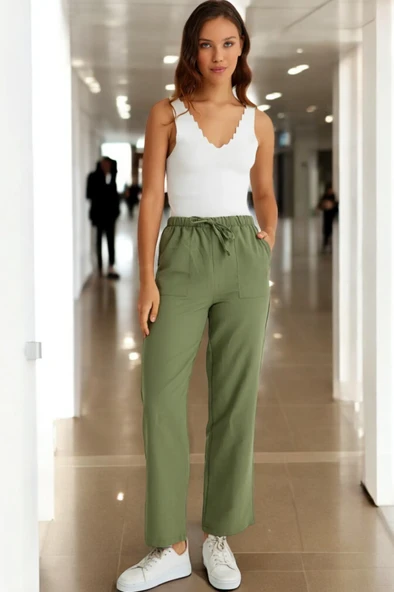 Beli Bağcıklı Yazlık Kadın Keten Pantolon