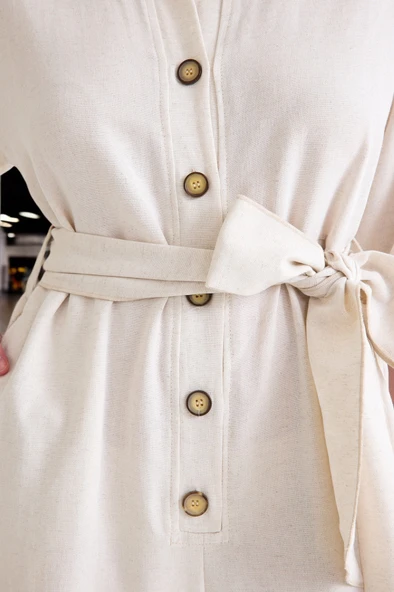 Yazlık Rahat Gömlek Yaka Keten Tulum - 11