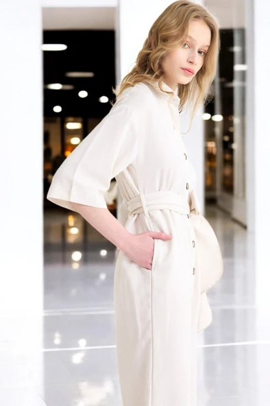 Yazlık Rahat Gömlek Yaka Keten Tulum - 10