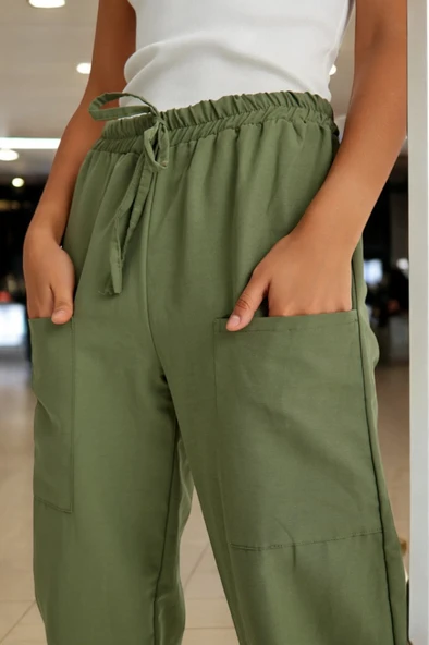 Beli Lastikli Düğme Detaylı Keten pantolon - 5