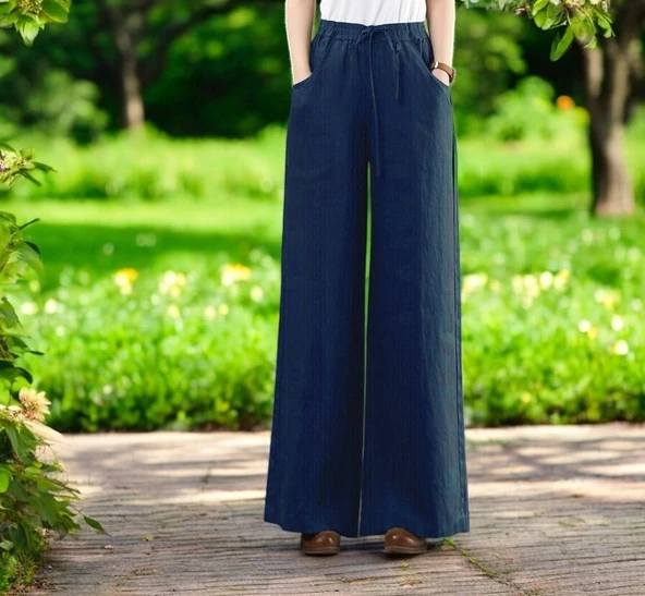 Günlük Beli Bağcıklı Şık Keten Pantolon - Resim 2