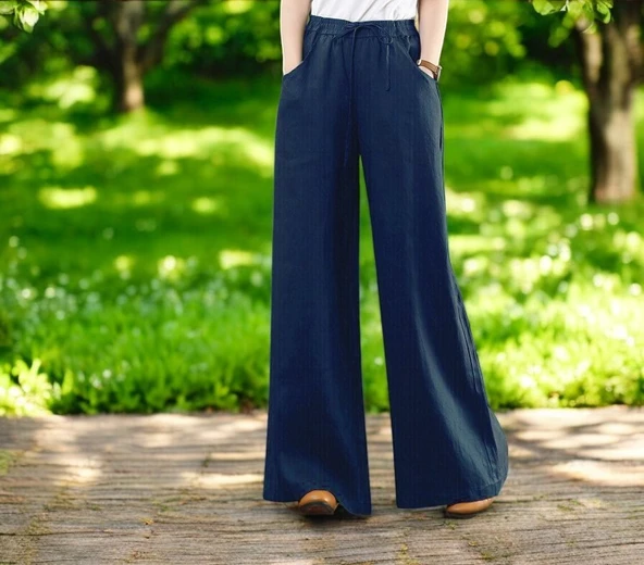 Günlük Beli Bağcıklı Şık Keten Pantolon ürün görseli 1