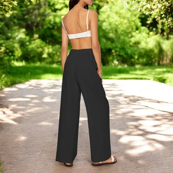 Günlük Beli Bağzıklı Keten Pantolon - 2
