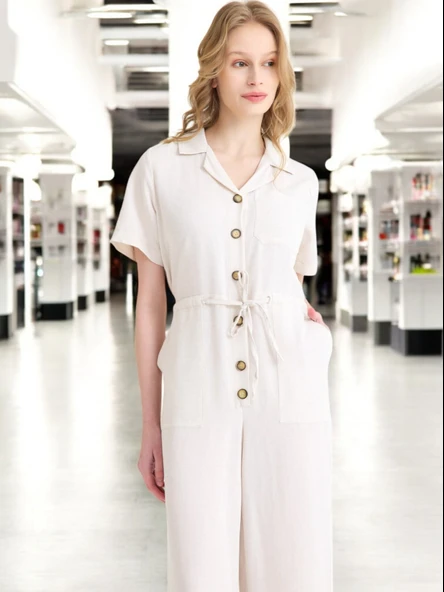 Yazlık Rahat Kısa Kollu Keten Tulum - Resim 6