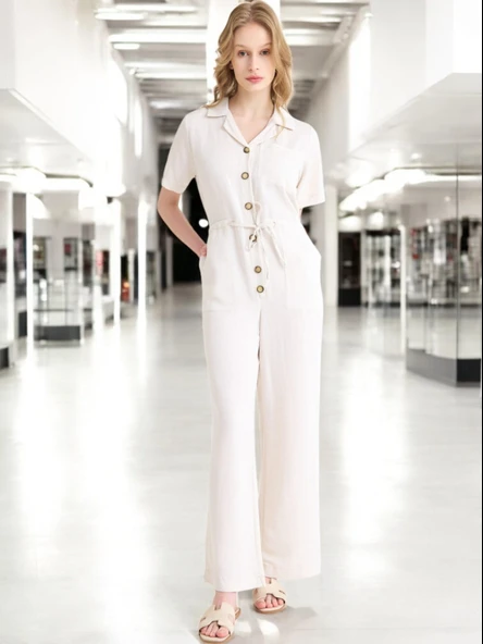 Yazlık Rahat Kısa Kollu Keten Tulum - Resim 4