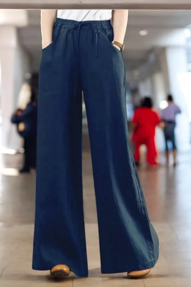 Günlük Beli Bağcıklı Tasarım Keten Pantolon - 2