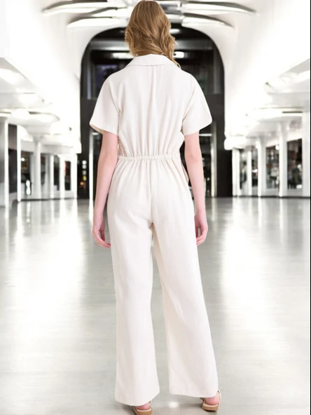 Yazlık Rahat Kısa Kollu Keten Tulum - Resim 2