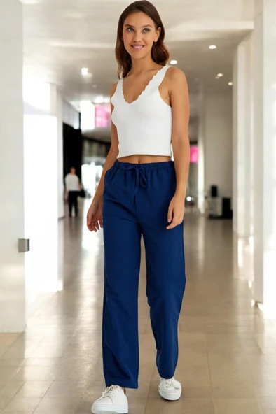 Yazlık Beli Bağcık Detaylı Keten Pantolon - Resim 4