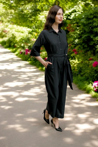 Yazlık Gömlek Yaka Keten Tulum - 9