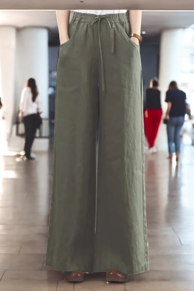 Yazlık Beli Lastikli Tasarım Keten Pantolon