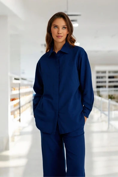 Günlük Rahat Gömlek Pantolon İkili Keten Takım - 5