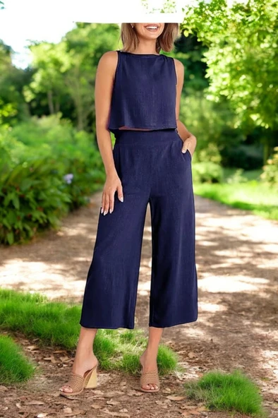 Yazlık Sırt Detaylı Şık Keten Takım - Resim 6