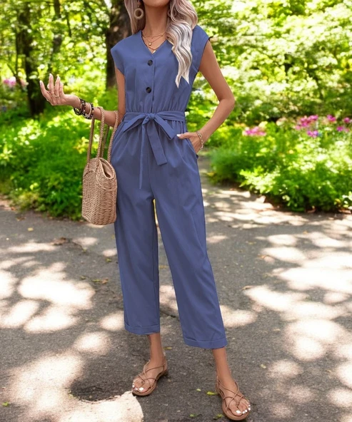 Yazlık V Yaka Düğmeli Keten Lacivert Tulum ürün görseli