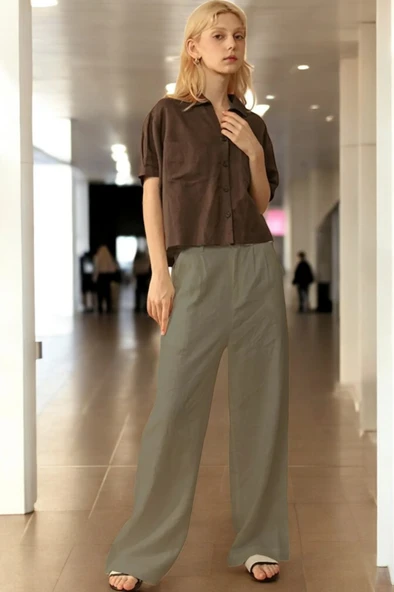Günlük Düğmeli Keten Kadın Pantolon