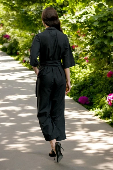 Yazlık Gömlek Yaka Keten Tulum - 4