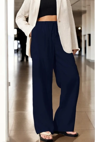 Yazlık Beli Bağcık Detaylı Kadın Keten Pantolon ürün görseli 1